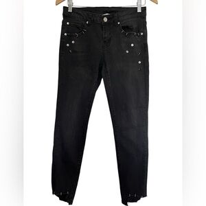 Goth punk black skinny jeans studded pierced raw hem distressed stretch sz 28